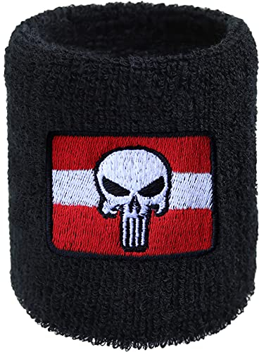 Österreich Punisher Schweissband - Armband für Sport mit Fahne & Totenkopf für Biker, Rocker Heavy Metal Fans Männer-Geschenk Mountainbike Armband Extremsport Frottee Schweißbänder
