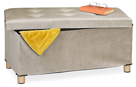 Relaxdays Banquette de Rangement, Couvercle matelassé, revêtement Velours, Pieds en Bois, HLP : 34x76x38 cm, crème