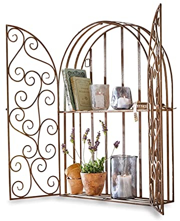 Loberon Wandregal Chambellay, antikes Design, mit Zwei Regalböden, kunsvolle Ornamente, für Innen- & Außenbereich geeignet, Dekoration, Aufbewahrung, Eisen, antikweiß