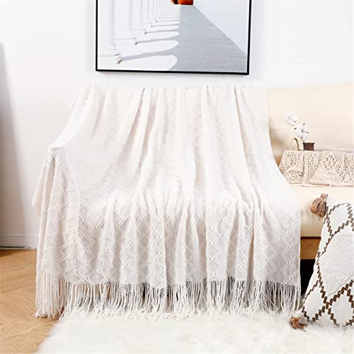 Hayisugal Gestrickte Decke Wohndecke Boho Decke Weich Wolldecke mit Quaste Kuscheldecke Sofadecke Couch Decke Überwurfdecke Tagesdecke, Weiß, 150 x 200cm
