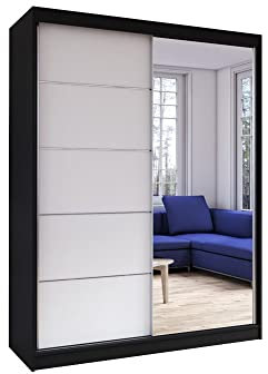 mb-moebel Armoire de Chambre avec 2 Portes coulissantes et Miroir l Dressing Garde-Robe Penderie (Tringle) avec étagères (61x150x200): Lara05 (Noir+Blanc)