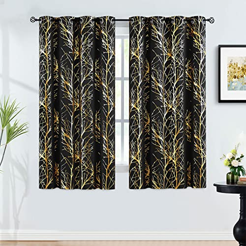 FMFUNCTEX Schwarz Gold Blickdichte Vorhänge Metallic Zweig Muster Verdunkelungsvorhänge mit Ösen Thermovorhang Hitzeschutz Gardinen für Wohnzimmer Schlafzimmer 2er Set, 175 x 132 cm (H x B)