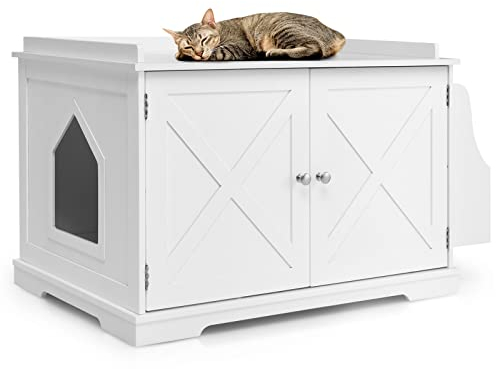 GYMAX Wooden Cat Litter Box Enclosure, Cat House Hidden Washroom Toilet with Hole, Doors, Storage Rack and Removable Panel, Indoor End Table Cabinet for Bedroom, Bathroom & Living Room