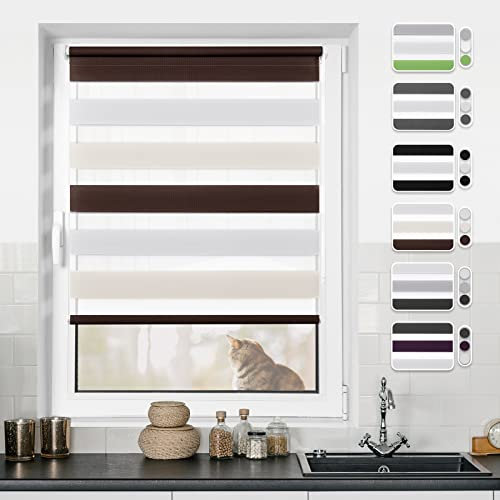 Doppelrollo Klemmfix ohne Bohren Rollos für Fenster ohne Bohren mit Bohren Weiß-beige-braun 50x110cm(BxH)-Stoffbreite 46cm Rollo Fensterrollo Klemmrollos Fensterrollo innen lichtdurchlässig