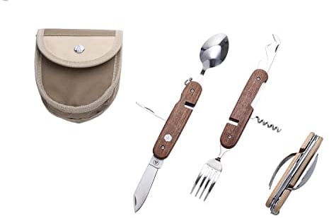 LAGUIOLE - 40269046, Klappbares Wanderbesteck für 2 Personen, Löffel, Gabel, abnehmbares Multifunktionsmesser, Campingbesteck, Nylontasche, Outdoor, Braun