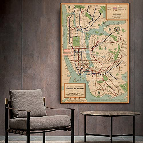 TANYANG Vintage Subway Map, New York City, 1954 Antique Map Printed Canvas Poster Hd Print Wall Art Pictuer For Home Decor Frame Artwork 60X90Cm Kein Rahmen