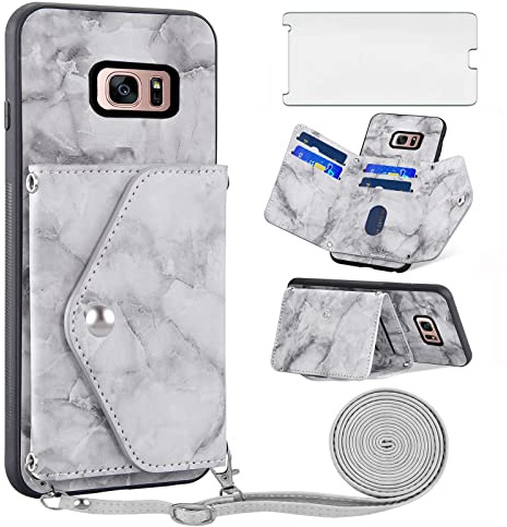 Asuwish Handyhülle für Samsung Galaxy S7 Hülle mit Band und Glas Folie Schutzfolie Kartenfach Klappbar Kette Leder Geldbörse Ständer S 7 7S SM-G930F SM G930F Handy Hüllen Schutzhülle Phone Case Grau