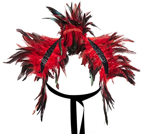 Aunaeyw Women Natural Feather Cape Maleficent Costume Gothic Lacing Shawl Shrug Collar Feather Cape for Halloween Cosplay Christmas Party (Red, Onesize)
