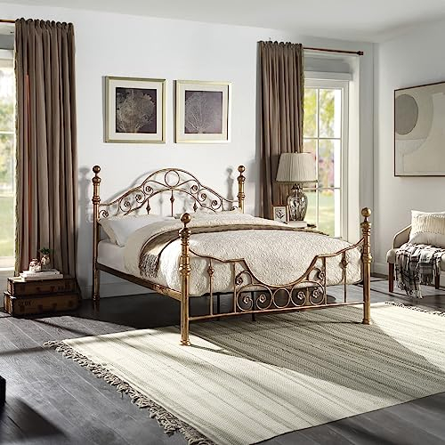 SlumberWorx LETCHWORTH VINTAGE VICTORIAN BRUSHED ANTIQUE BRASS METAL BED FRAME - SMALL DOUBLE/DOUBLE/KING SIZE WITH MATTRESS OPTIONS (No Mattress, Small Double)