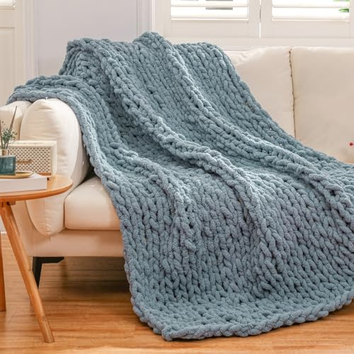 WESHIONGOO Grobstrickdecke, Überwurf, 127 x 152 cm, gestrickte Überwurfdecken für Couch, Bett, flauschig, weiche Decke mit Jumbo-Chenille-Garn, dick, 100 % handgefertigt, (Staubblau)
