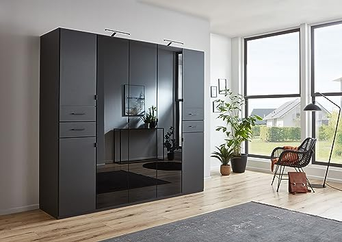möbelando Drehtürenschrank >Danzig< in GRPAHIT + Glas SCHWARZ - 225x208x58cm (BxHxT)