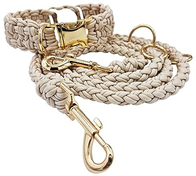 GPS-Tracker - Hundehalsband und Leine Set, Optional mit versteckter AirTag-Halterung, Verstellbar, Geflochten aus Paracord, Beige und Gold (XS (Leine: 120cm))