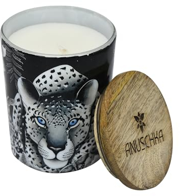 Anuschka Bougie parfumée à la bergamote noire imprimée - Collection d'articles pour la maison - Bougie dans un pot en verre réutilisable avec couvercle en bois de manguier - Cleopatra's Leopard