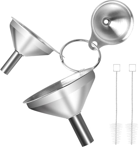 VFANDV 3 Stück Edelstahl Trichter Set, Klein Küche Strainer Trichter mit 2 Reinigungsbürste Stapelbarer Kleiner Trichter mit Griff Trichter für Übertragen von Flüssigkeiten und Pulver, 4.5/5.5/7.5cm