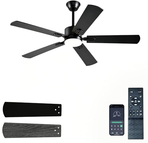 FUMLTP 52 inch Modern Ceiling Fans with Lights APP/Remote Control, Low Profile Reversible 6 Speeds Ceiling Fan Light for Indoor/Outdoor Patio Bedroom Living Room,Black