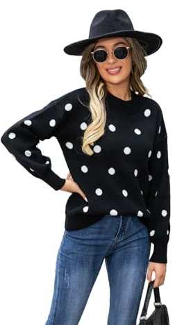 HEYPORK Damen Herbst Winter Warm Bequem Pullover Casual Mode Strickjacke Strickpullover Frauen Pullover Strickwaren Polka Dot Pullover(Schwarz, M)
