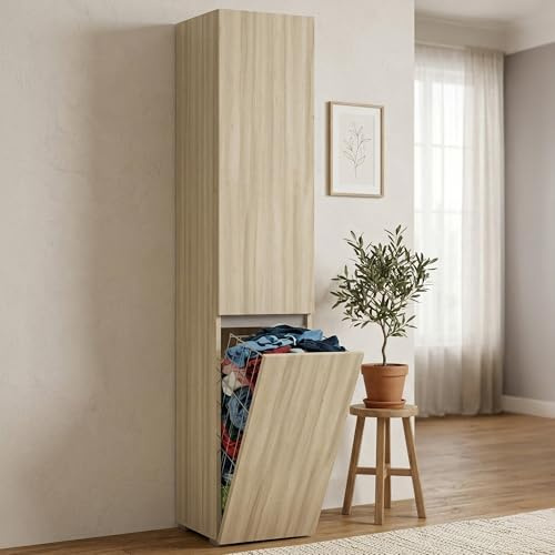 Dmora - Mehrzweck-Kleiderschrank mit 2 Türen Agapanto, Wäscheschrank mit 2 Türen, Badezimmersäule mit Wäschekorb, 100% Made in Italy, 45 x 37 x 195 cm, Olmo
