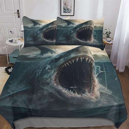 PAZZK Hai Bettwäsche Premium Atmungsaktive Angenehme Bettbezüge, Mikrofaser Bettdeckenbezug, Für Jungen Mädchen 2teilig Bettbezug + Kissenbezug Double (200x200cm)