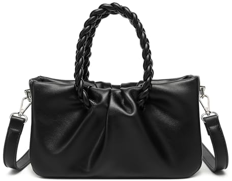 Miss Lulu PU Leder Umhängetasche mit abnehmbarem, verstellbarem Schulterriemen Kleine Tasche mit geflochtenem Henkel (Schwarz)