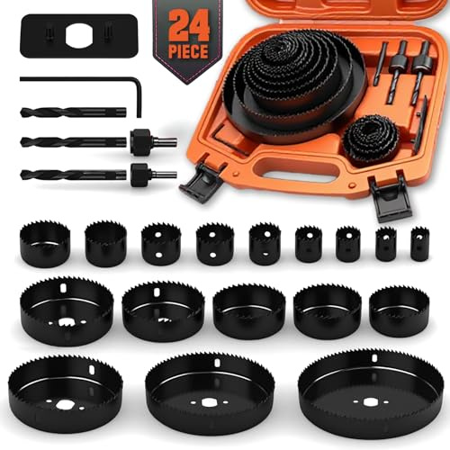 HORUSDY Hole Saw Set 24PCS Hole Saw Kit,Hole Saw Drill Bit Kit, 3/4-6 (19-152mm) 17PCS Saw Blades, 2 Mandrels, 3 Drill Bit, Installation Plate, Hex Key, For Drywall, Soft Wood, Plywood, Plastic, PVC