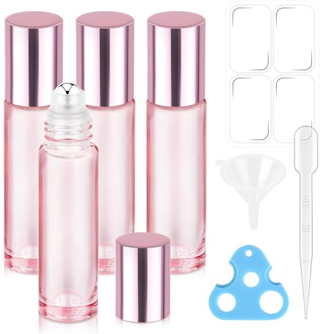 4 Pack, Essential Oil Roller Bottles, Pink Glass Roller Balls for Essential Oils, 10ml Empty Rollerball Bottles for Travel Refillable Roll on Perfume Bottles with Pink Caps