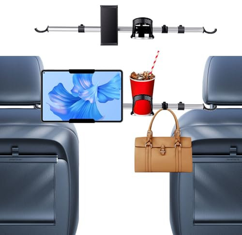 Support Tablette Voiture, Extensible Support Central Siège Arrière Tablette, Porte Tablette Aluminium Voiture, Universel réglable, Anti-secousse Rotation de 360°, pour 4-12,9 Smartphone & Tablette