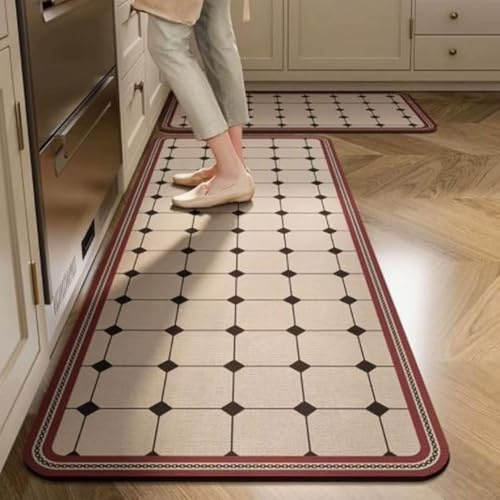 Hixingo Tapis Cuisine Antidérapant, Absorbant Diatomite Tapis de Cuisine, Tapis Cuisine Devant Evier Motifs de Carreaux Lavable Tapis de Bain Tapis Vaisselle Tapis Douche (57x200cm,Rouge)