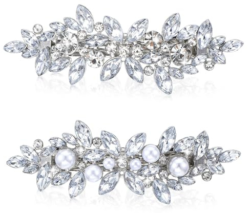 2Pcs Diamante Hair Clips for Women, Sparkly Rhinestone Snowflake Hair Barrettes, Fancy French Barrette Hair Clips, Silver Hair Accessories for Women Wedding