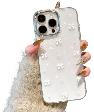 EYZUTAK Case for iPhone 13 Pro, Bling Glitter 3D Bowknot Phone Case Cute Sparkly Crystal Clear Bow Aesthetic Design Case Slim Soft Durable TPU Transparent Protective Cover for Women Girl - White Bow