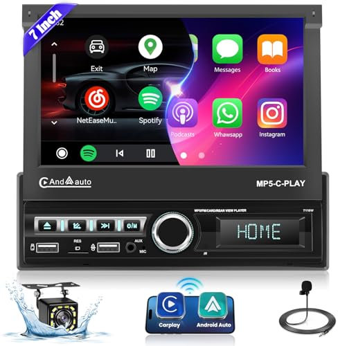 Ohradio 1 DIN Radio Coche con Pantalla Retráctil Motorizada, Autoradio con Pantalla Táctil de 7 Pulgadas con Carplay y Android Auto Inalámbrico, Radio RDS/FM, SWC 2USB/AUX/TF, Cámara Trasera + Mic