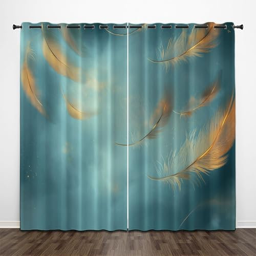 CEDNXOER Blau Vorhänge Blickdicht Goldene Feder Vorhang 2er Set H 175 x B 140 cm, Ultra Soft Verdunklungsvorhänge mit Ösen Thermovorhang Fantasie Federn Gardinen für Schlafzimmer Küche