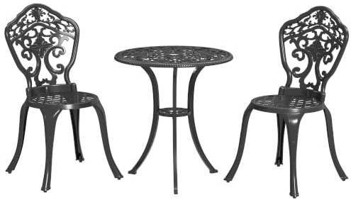 Outsunny Cast Aluminium Garden Bistro Set with Parasol Hole for 2 Black | Outdoor Coffee Table Set, Two Armless Chairs, Round Coffee Table, 3 Piece, for Balcony, Patio