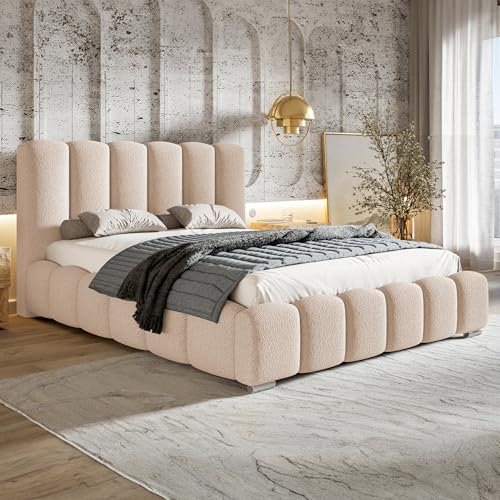 MOTIVENA Grand Bubble Bett 160x200, Polsterbett 160x200 Boucle, mit Bettkasten, mit Stauraum, mit Lattenrost, mit Kopfteil, ohne Matratze, Beige