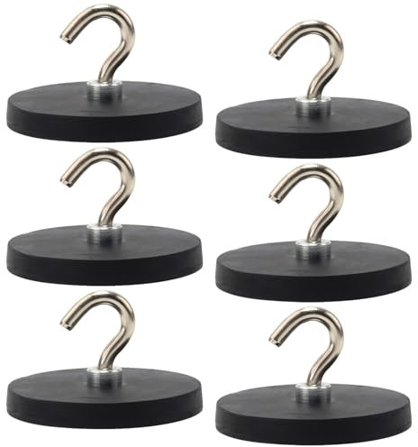 GBKDQQ Magnethaken Schwarz, 6 Stück 43mm Starke Magnete mit Haken Stanzfrei, Gummiert Magnethaken, Extra Stark 10kg Magnethalter für Eisentüren Kühlschränke Küchen Kleiderablage Badezimmer