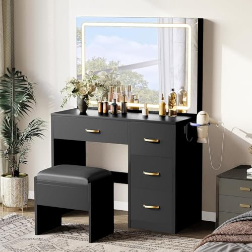 DWVO Vanity Table and Stool Set with LED Mirror, Makeup Desk with Adjustable 3-Colour Lighting, 4-Drawer Storage, Hair Dryer Rack & Built-in Plug Socket, Dressing Table for Bedroom, Black