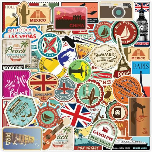 Axvxby 100 Stück Vintage Reise Aufkleber Set Wasserdicht Retro Vinyl Sticker für Koffer Laptop Helm Motorrad Skateboard Auto Fahrrad Dekoration