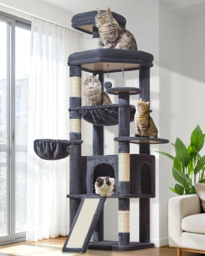 Taoqimiao 183cm Kratzbaum XXL, Großer Katzenbaum Für Große Katzen, MS045G | Stabil, Katzenkratztafel, Mehrstöckig, Einfache Montage, Große Plattform, Katzenhaus, Hängematte, 5 Kratzsäulen, Rauchgrau