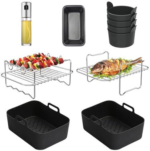 Air Fryer Accessories for Ninja AF400UK / AF451UK, 10 PCS Ninja AF400UK Dual Air Fryer Accessories with Wire Racks Rectangular Trays Oil Bottle for 9.5L Dual Air Fryer