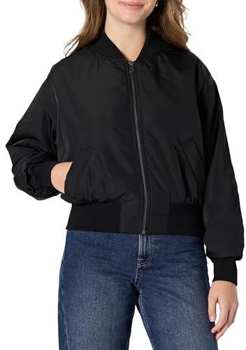Amazon Essentials Women's Relaxed-Fit Denim Bomber Jacket, Black, Large