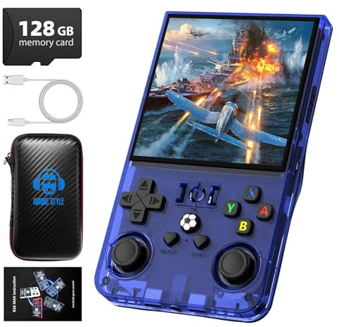 R36MAX Console di gioco retrò aggiornata, schermo IPS da 4 pollici, sistema Linux con chip di gioco professionale RK3326, console di gioco retrò integrata oltre 18000 giochi, batteria grande 4000 mAh