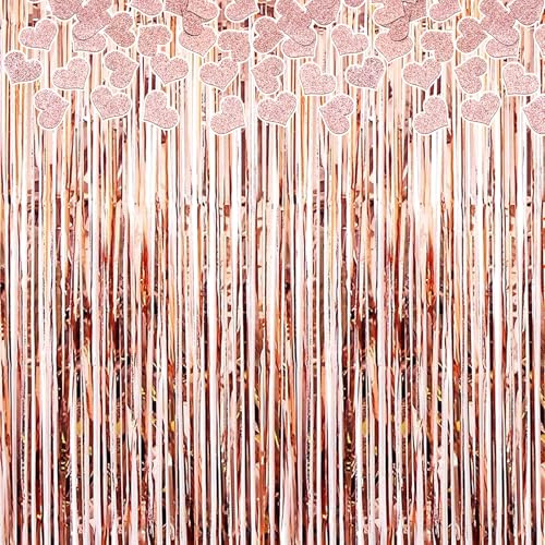 KASESSS 2 StüCk 1x2m Lametta Vorhang Und 100 StüCk Herz Konfetti, RoséGold Glitzervorhang Lametta, Glitzer Vorhang Geburtstag FüR Hochzeit, Party, Dekoration, Fotoautomat Und Festivals BüHnendekor