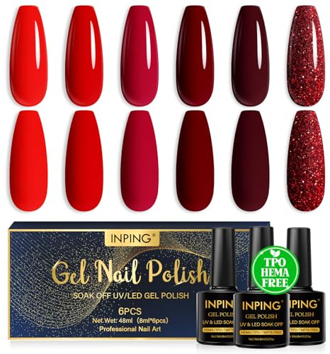 INPING UV Nagellack TPO-FREE Glitzer Rot 6 Farben Gel Nägel 8ML | Rot Glitzer Red Gel Nägel Set Soak-Off UV/LED Gel Nagellack für Anfänger DIY Nail Art Maniküre Salon Langlebig