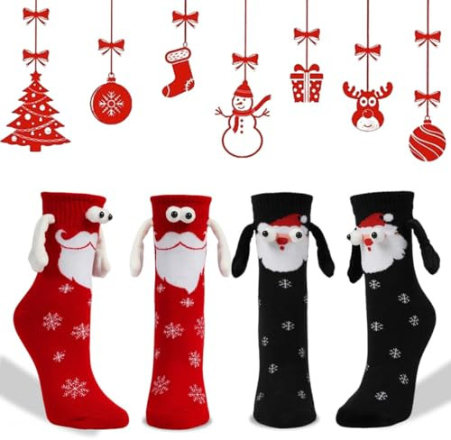 GTJEOI 2 Paar Magnetische Weihnachten Socken, Weihnachtssocken mit Magnetarmen, Lustige Magnetische Socken mit Händen, Hand in Hand Socke-n mit Magnetarmen, Christmas Socke-n für Damen und Herren