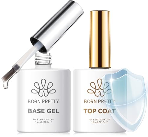 BORN PRETTY Gel Top Coat and Base Gel, 2Pcs 15ml Gel Nail Polish No Wipe Top and Base Set Shine Finish and Long Lasting Soak Off U V LED Nail Lamp for Home DIY and Nail Salon