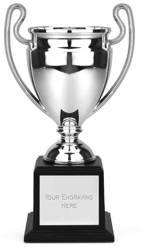 TROPHIESPLUSMEDALS Classic Silver Champion Trophy Cup, 19.5cm, Black Base | Silver champion trophy cup with black base and free engraving, ideal for sports and league awards.
