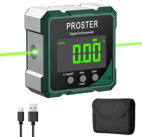 Proster Inclinometro Digital con Láser Verde Caja de Nivel Digital con Magnético Fuerte de 4 Lados Buscador de Ángulos Recargable con Retención de Datos y 2 Modos de Medición para Carpintería DIY
