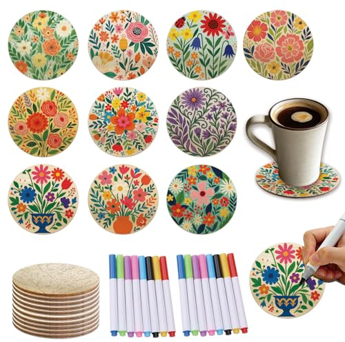 TWINKLEMON 10 Pcs Wooden Coasters Painting Set, 4 Inch Plants Theme DIY Funny Coasters with 8-colour Marker, Round Cork Coaster for Painting Arts Crafts Housewarming Coffee Table Home Apartment Decor