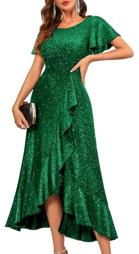Berylove Damen Abendkleid Lang Glitzer Festlich Kleid für Hochzeit Elegant | Schicke Ballkleid mit Vokuhila Saum Flügelrüschen, Pailletten-Cocktailkleid Prom Dress passend für alle Festlichen Anlässe.