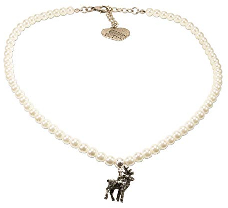 Alpenflüstern Perlen-Trachtenkette Hirsch klein - Damen-Trachtenschmuck Dirndlkette Creme-weiß DHK239