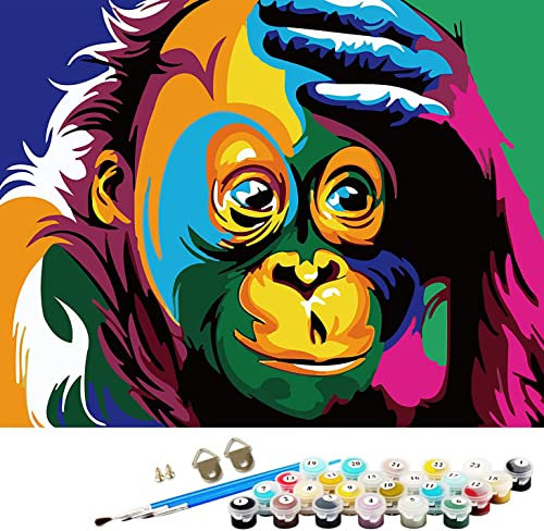 ABEUTY Peinture par numéros à faire soi-même pour adultes débutants - Peinture par numéro colorée en forme d'animal singe 40,6 x 50,8 cm (cadre en bois)
